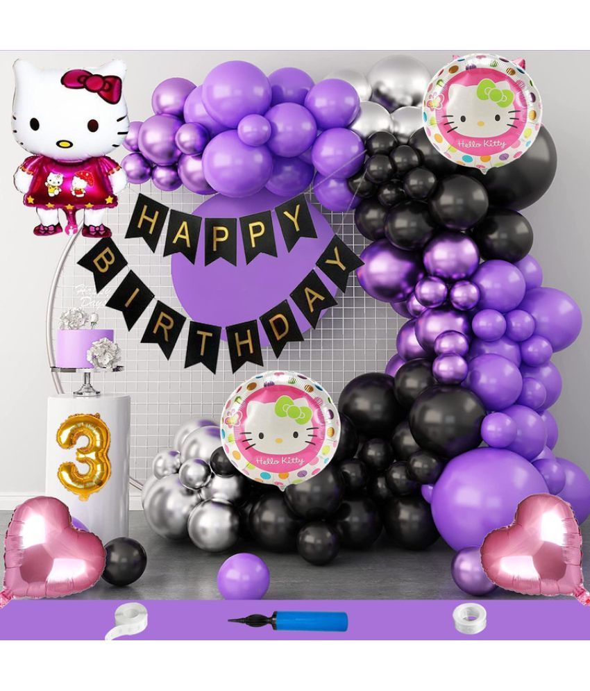     			CRAZYKART Hello Kitty Theme Third 3rd Birthday Decoration Items For Girls Party Decoration Kit Balloon Combo Pack Of 110 Pcs Purple