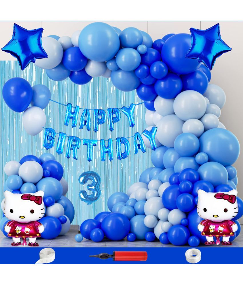     			CRAZYKART Hello Kitty Theme Third 3rd Birthday Decoration Items For Boys Party Decoration Kit Balloon Combo Pack Of 111 Pcs Blue