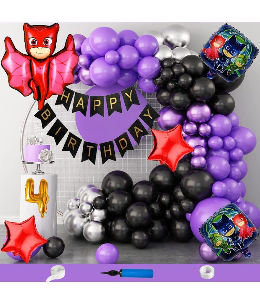     			CRAZYKART Pj Mask Theme Fourth 4th Birthday Decoration Items For Girls Party Decoration Kit Balloon Combo Pack Of 110 Pcs Purple