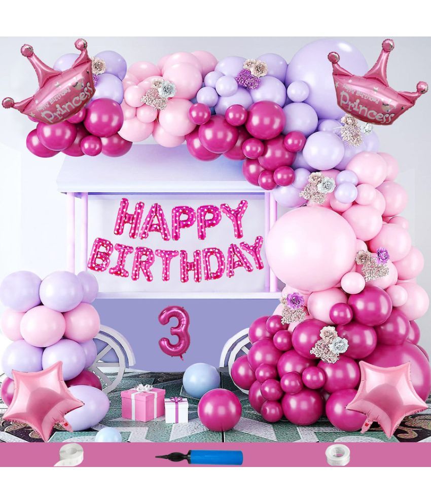     			CRAZYKART Princess Crown Star Theme Third 3rd Birthday Decoration Items For Girls Party Decoration Kit Balloon Combo Pack Of 84 Pcs Pink