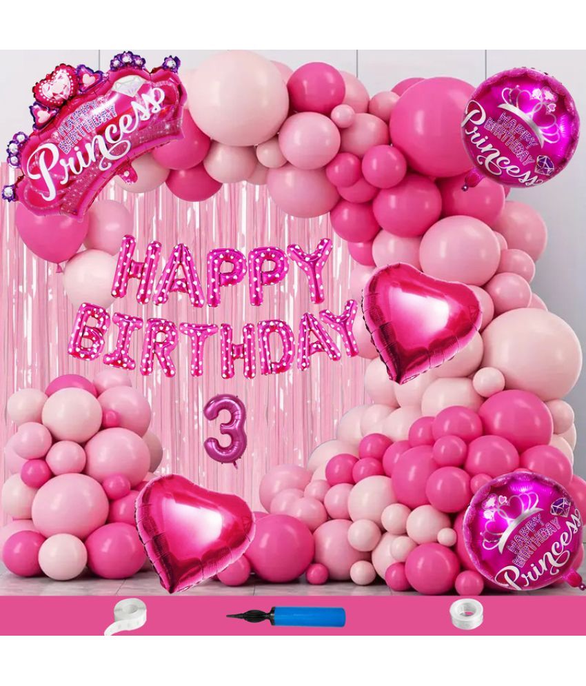     			CRAZYKART Princess Crown Theme Third 3rd Birthday Decoration Items For Girls Party Decoration Kit Balloon Combo Pack Of 112 Pcs Pink