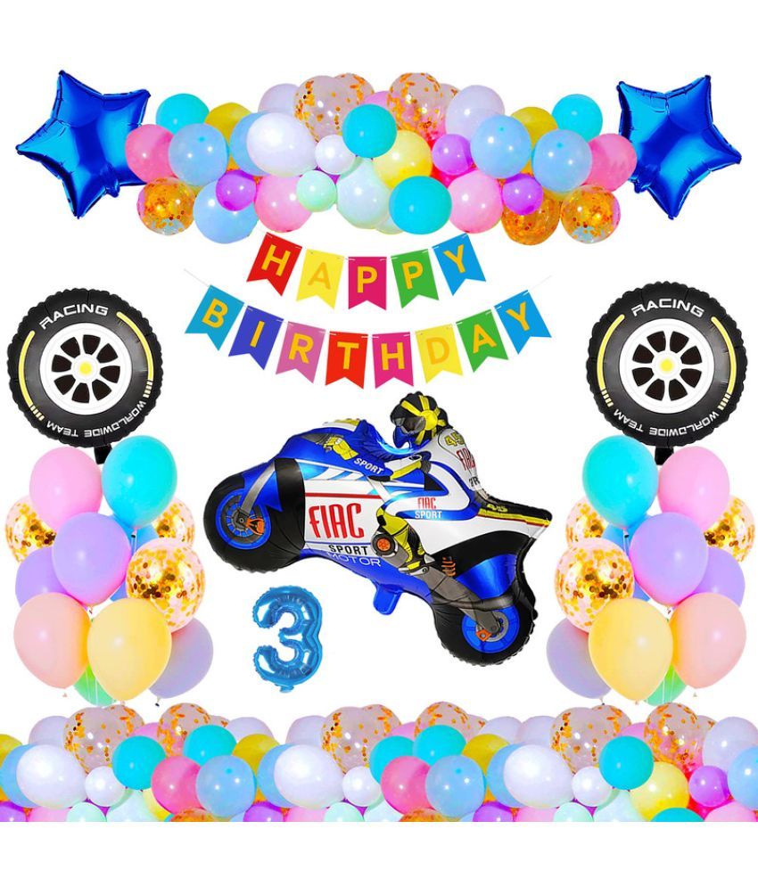     			CRAZYKART Racing Bike Theme Third 3rd Birthday Decoration Items For Boys Party Decoration Kit Balloon Combo Pack Of 37 Pcs Blue