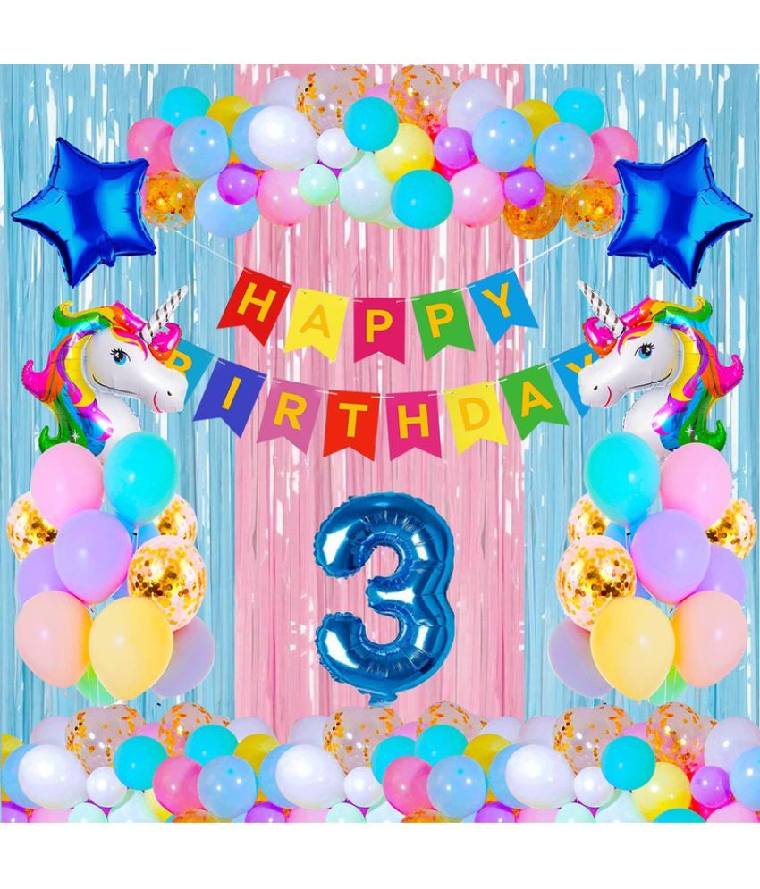     			CRAZYKART Unicorn Theme Third 3rd Birthday Decoration Items For Boys Party Decoration Kit Balloon Combo Pack Of 39 Pcs Pink