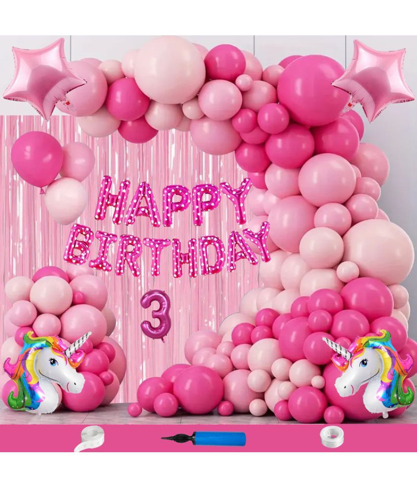     			CRAZYKART Unicorn Theme Third 3rd Birthday Decoration Items For Girls Party Decoration Kit Balloon Combo Pack Of 111 Pcs Pink