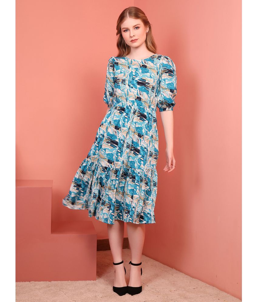     			Istyle Can Polyester Printed Knee Length Women's Fit & Flare Dress - Blue ( Pack of 1 )