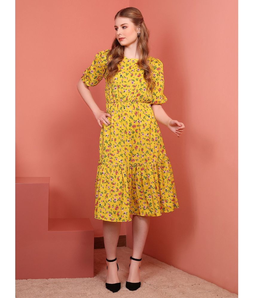     			Istyle Can Polyester Printed Knee Length Women's Fit & Flare Dress - Mustard ( Pack of 1 )