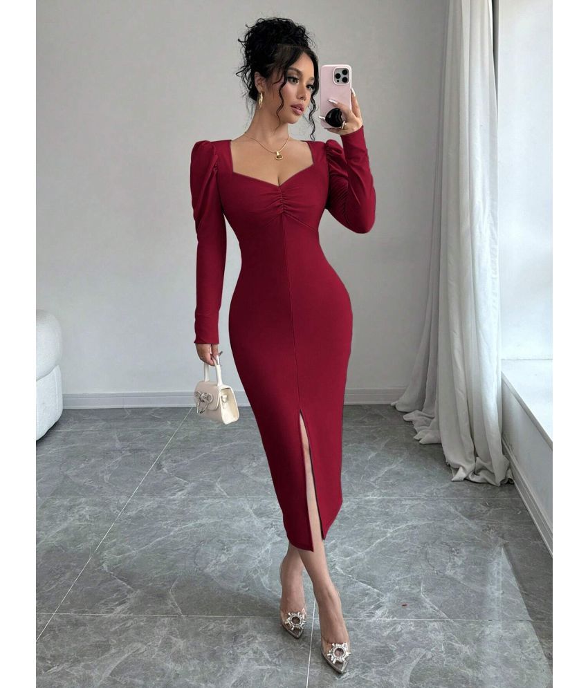     			Istyle Can Polyester Solid Calf-Length Women's Bodycon Dress - Maroon ( Pack of 1 )