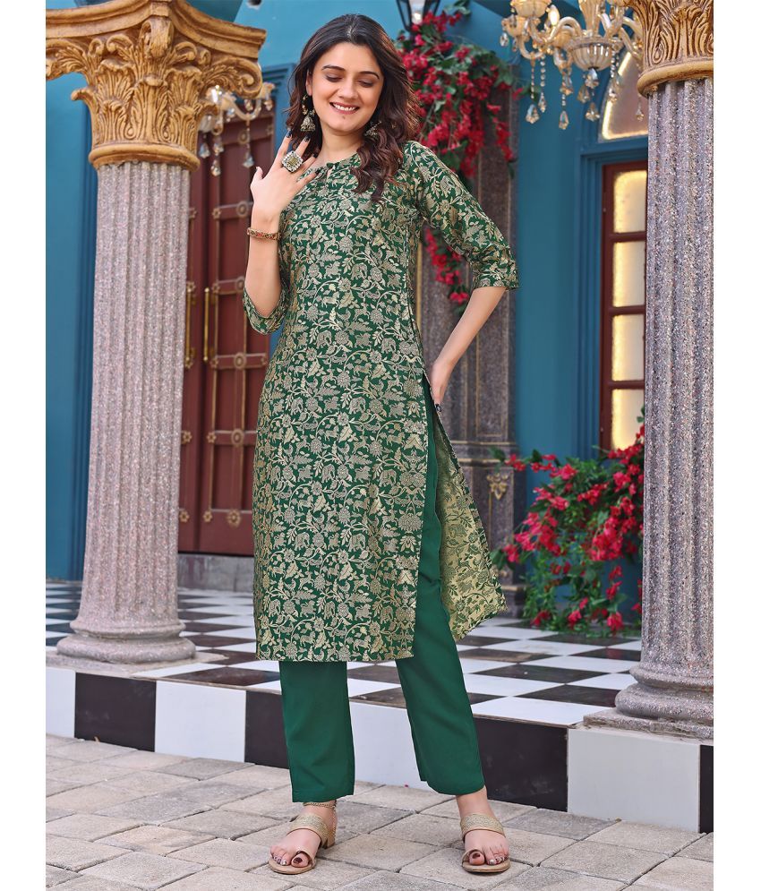     			Trijal Fab Banarasi Embellished Kurti With Pants Women's Stitched Salwar Suit - Green ( Pack of 1 )