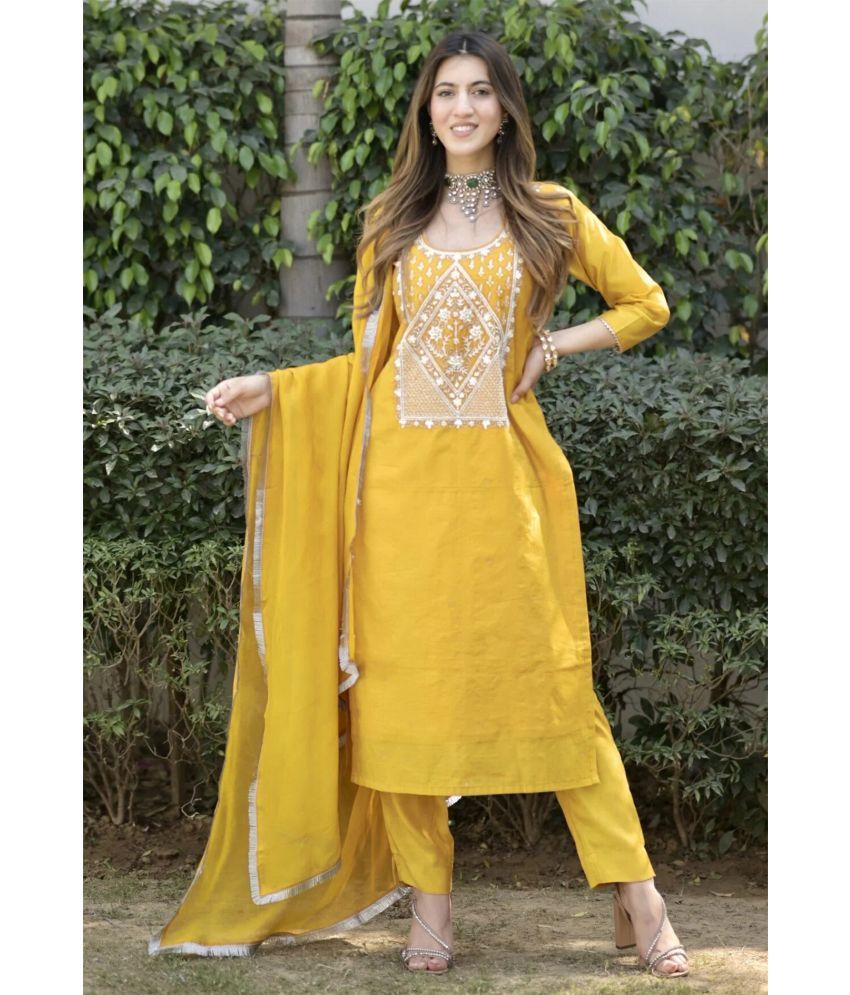     			kedar fab Cotton Silk Embroidered Kurti With Pants Women's Stitched Salwar Suit - Yellow ( Pack of 1 )