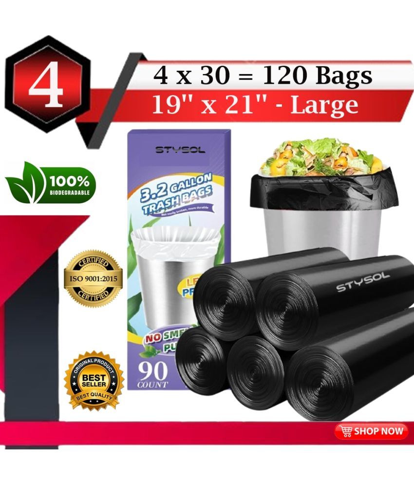     			120 Bags (4 Rolls)  Premium Biodegradable Garbage Bags 19 X 21 Inches (Medium Size) Dustbin Bag/Trash Bag - Black Color