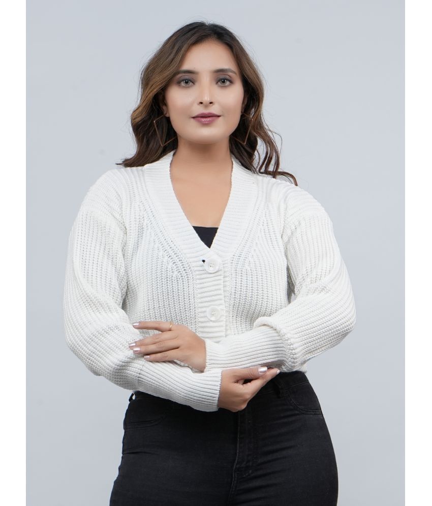     			FEVERFEW Acro Wool V Neck Women's Buttoned Cardigans - White ( Single )