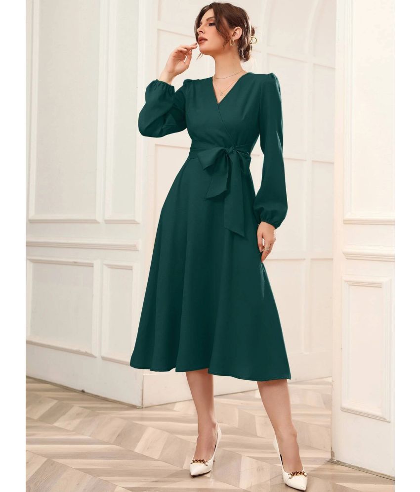     			Istyle Can Polyester Solid Calf-Length Women's Wrap Dress - Green ( Pack of 1 )