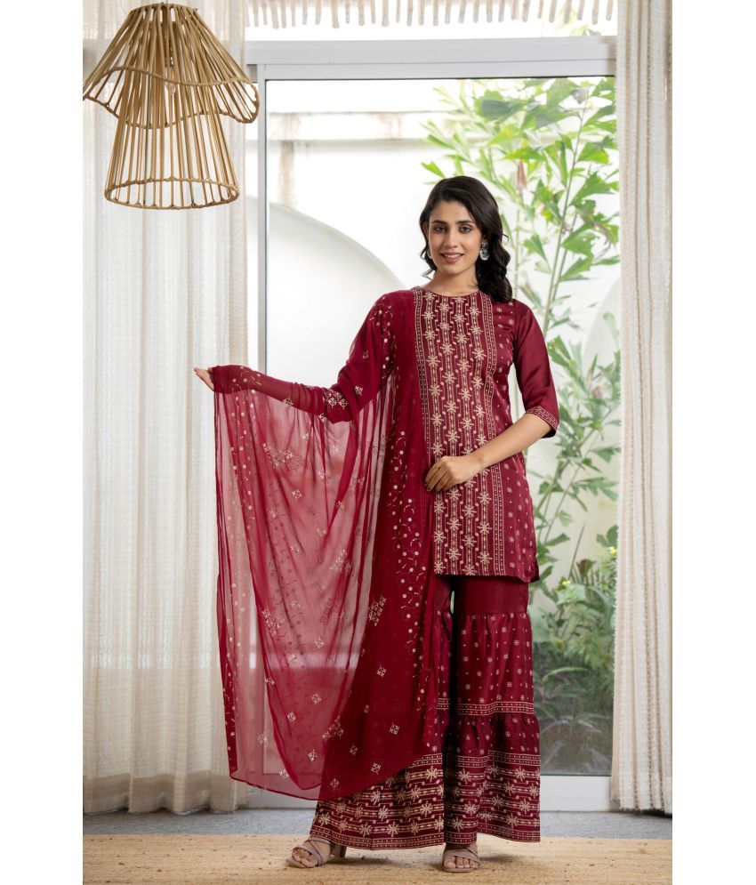     			Juniper Viscose Embroidered Kurti With Sharara And Gharara Women's Stitched Salwar Suit - Maroon ( Pack of 1 )