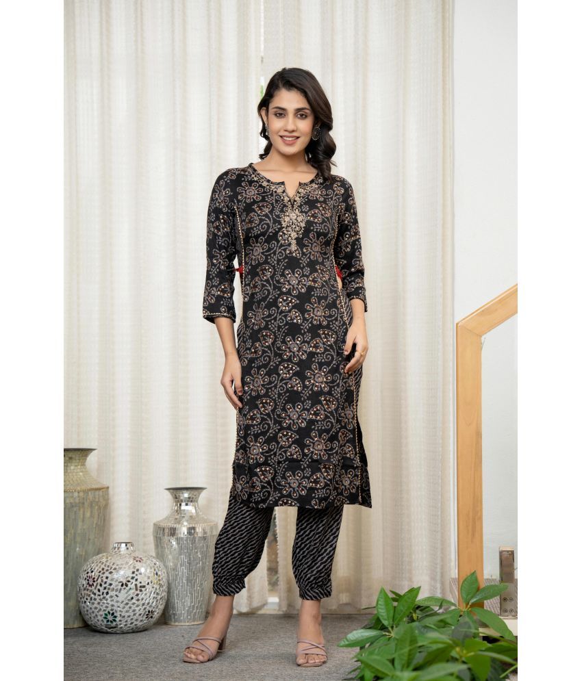     			Juniper Viscose Printed Kurti With Pants Women's Stitched Salwar Suit - Black ( Pack of 1 )