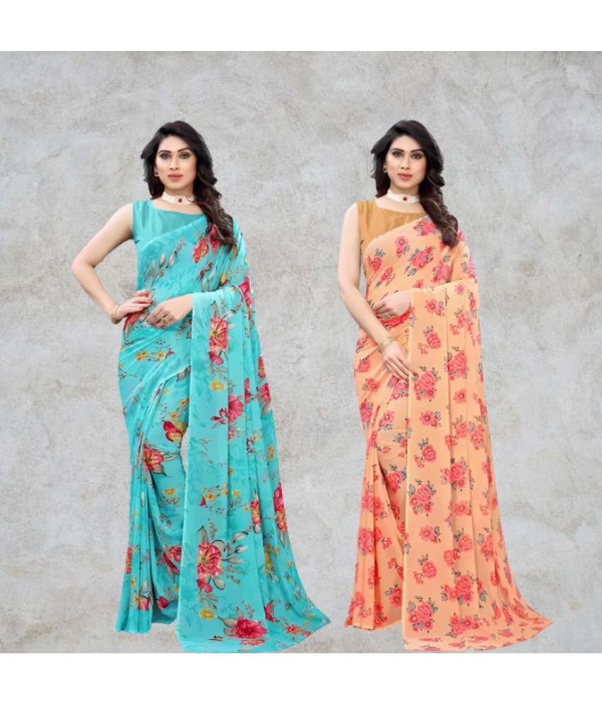     			Kanooda Prints Georgette Printed Saree With Blouse Piece ( Blue , Pack of 2 )