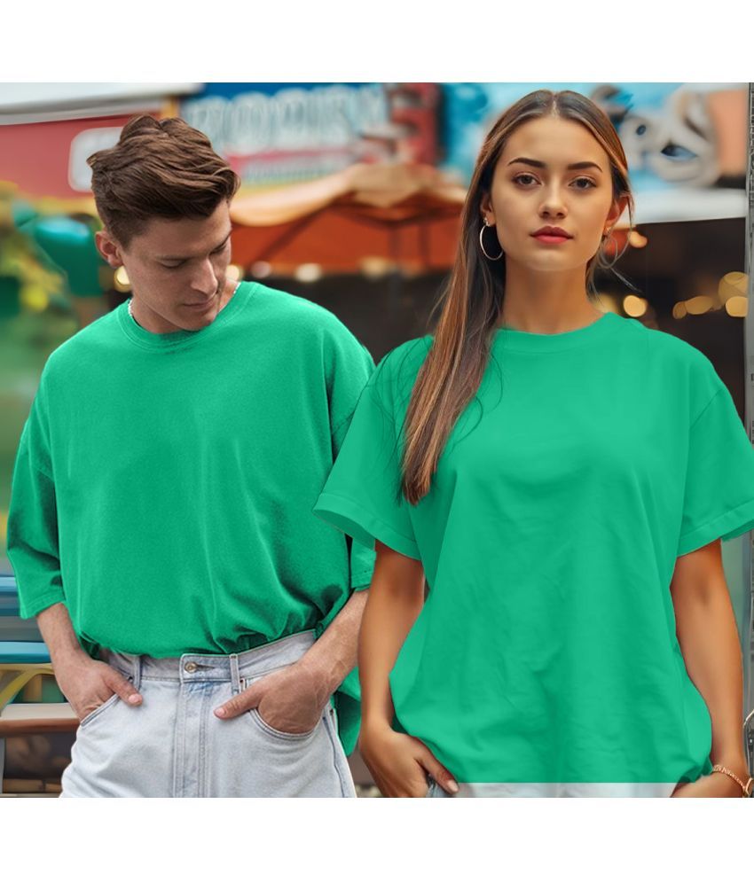     			Leotude Green Blended Oversized Fit Couple T-Shirt