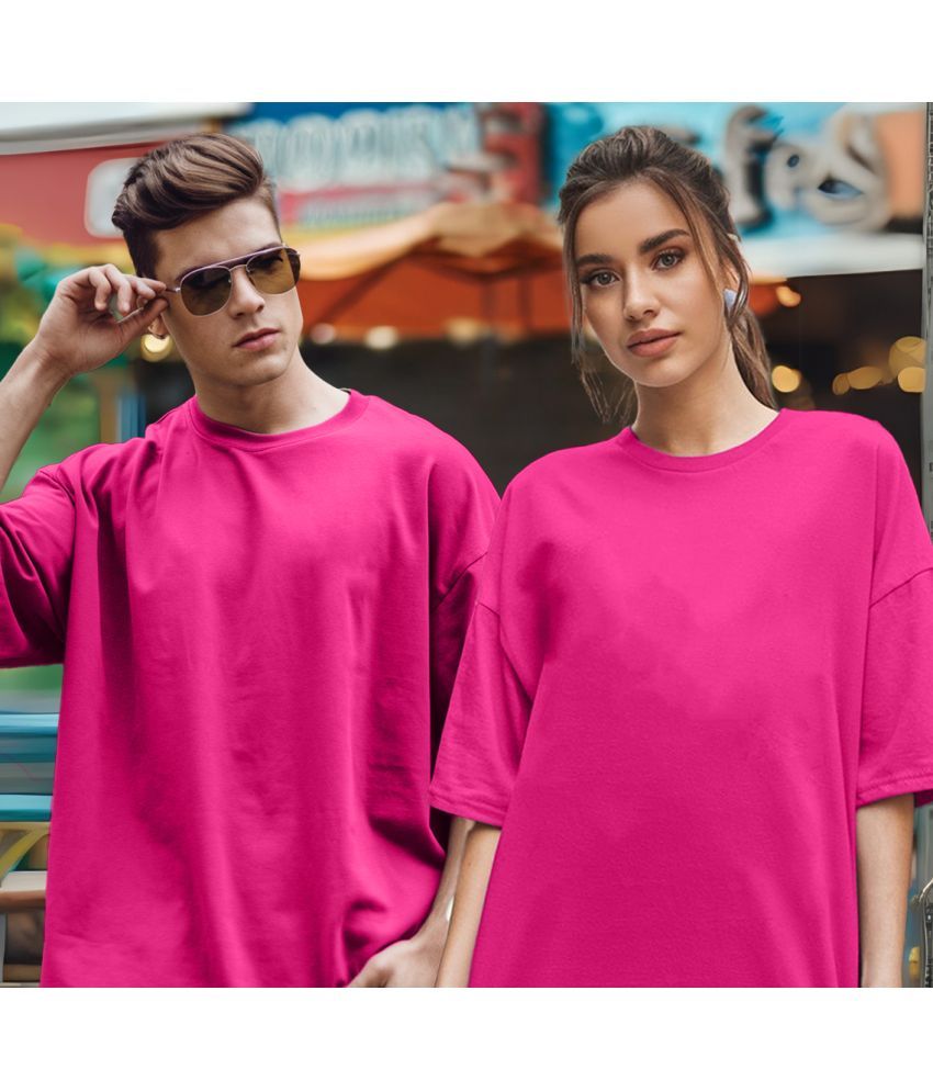     			Leotude Pink Blended Oversized Fit Couple T-Shirt