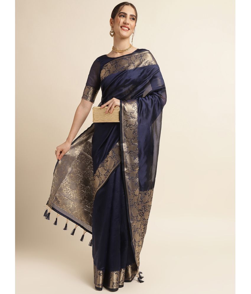     			Rekha Maniyar Silk Blend Woven Saree With Blouse Piece ( Navy Blue , Pack of 1 )