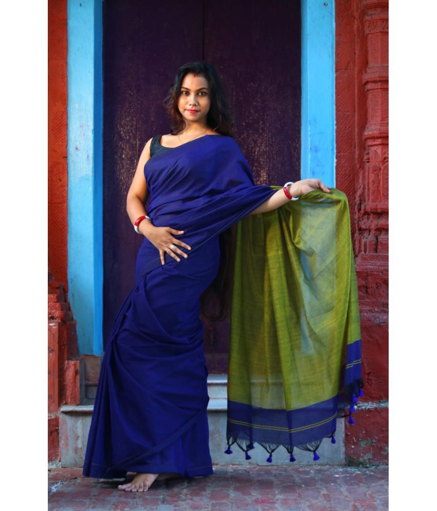     			SARADA HANDLOOM Cotton Colorblock Saree With Blouse Piece ( Blue , Pack of 1 )