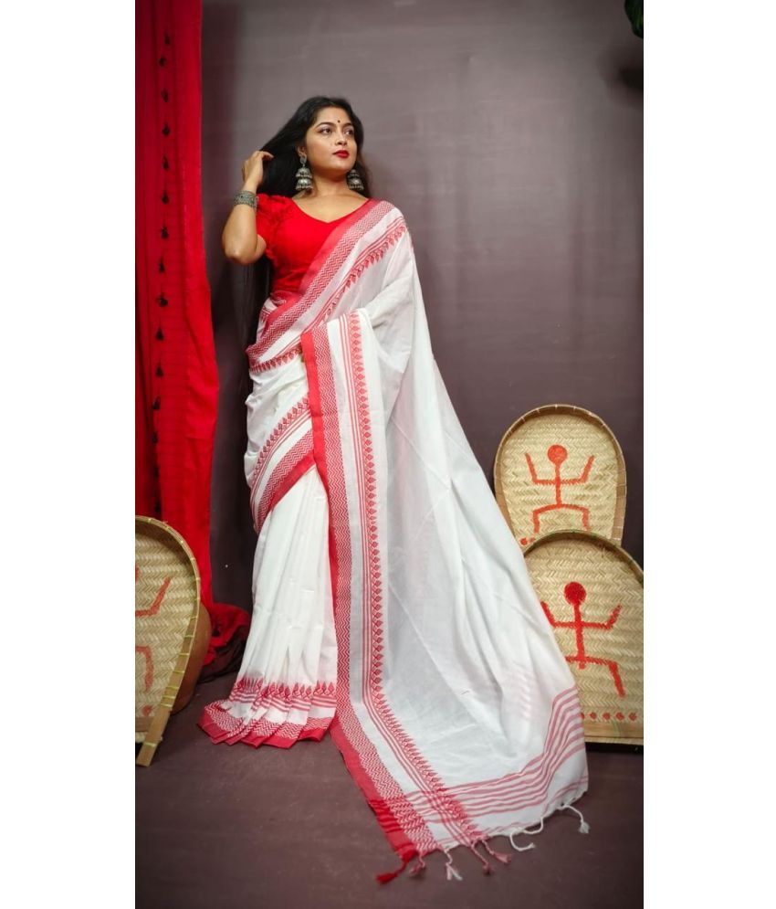     			SARADA HANDLOOM Cotton Printed Saree With Blouse Piece ( White , Pack of 1 )