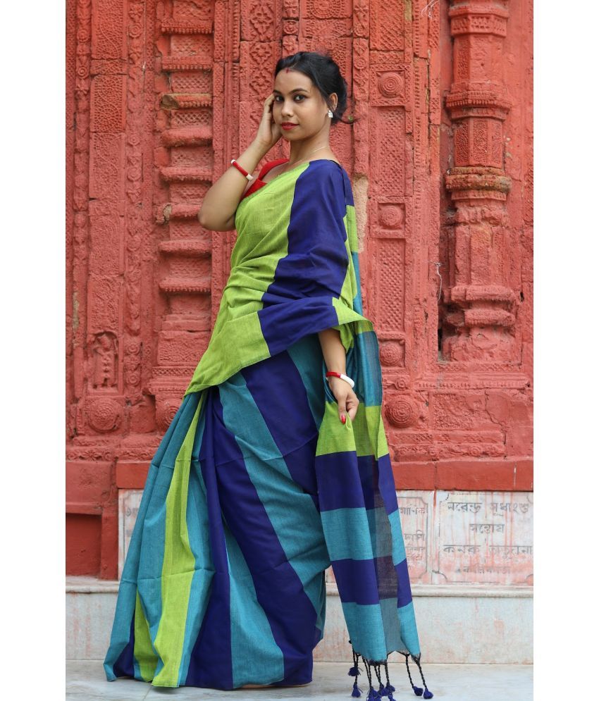     			SARADA HANDLOOM Cotton Striped Saree With Blouse Piece ( Multicolor , Pack of 1 )