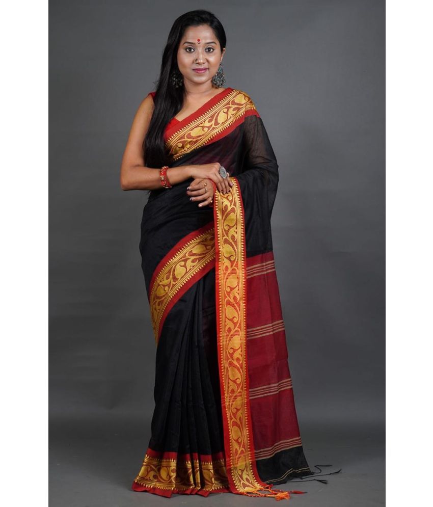     			SARADA HANDLOOM Cotton Woven Saree With Blouse Piece ( Black , Pack of 1 )