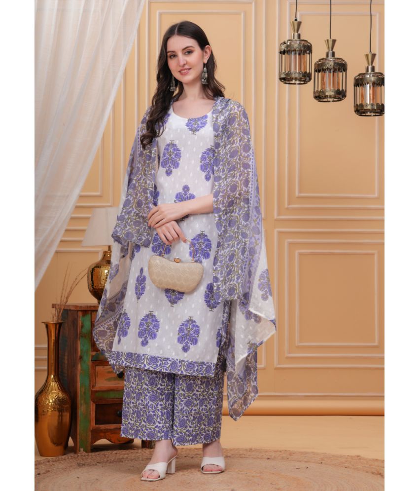     			JC4U Cotton Blend Printed Kurti With Pants Women's Stitched Salwar Suit - Blue ( Pack of 1 )