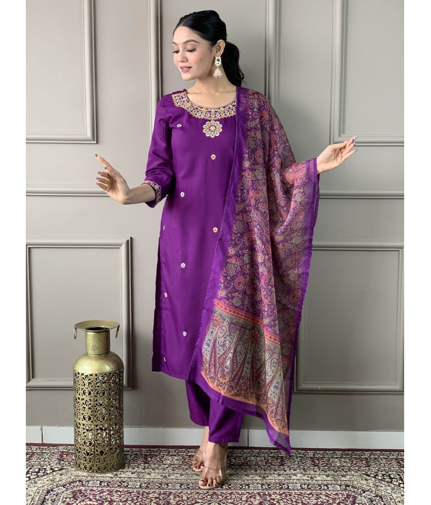     			Vividvibe Rayon Embroidered Kurti With Pants Women's Stitched Salwar Suit - Purple ( Pack of 1 )