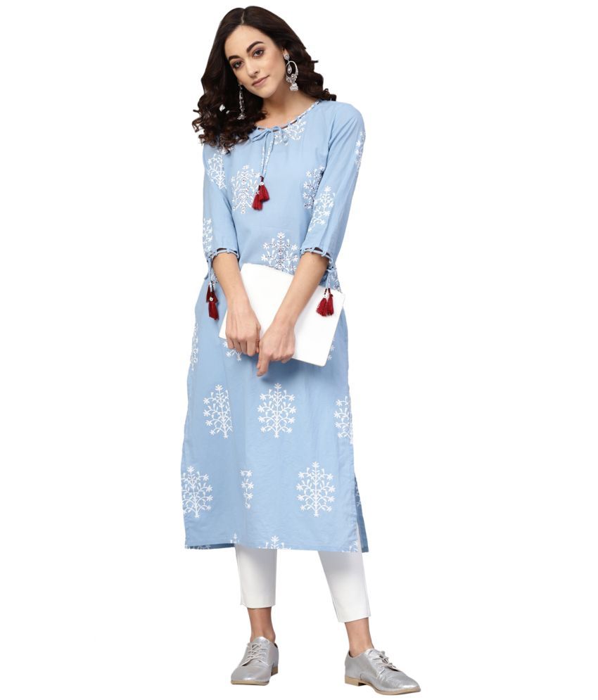     			Yash Gallery Pack of 1 Cotton Printed Straight Women's Kurti - ( Blue )