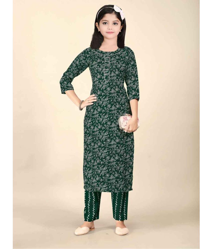     			Bholukart Girls Cotton Blend Kurti with Salwar ( Pack of 1 , Dark Green )