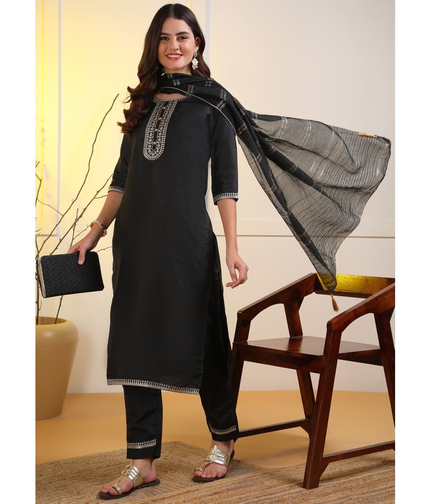     			Hiva Trendz Silk Blend Embroidered Kurti With Pants Women's Stitched Salwar Suit - Black ( Pack of 1 )