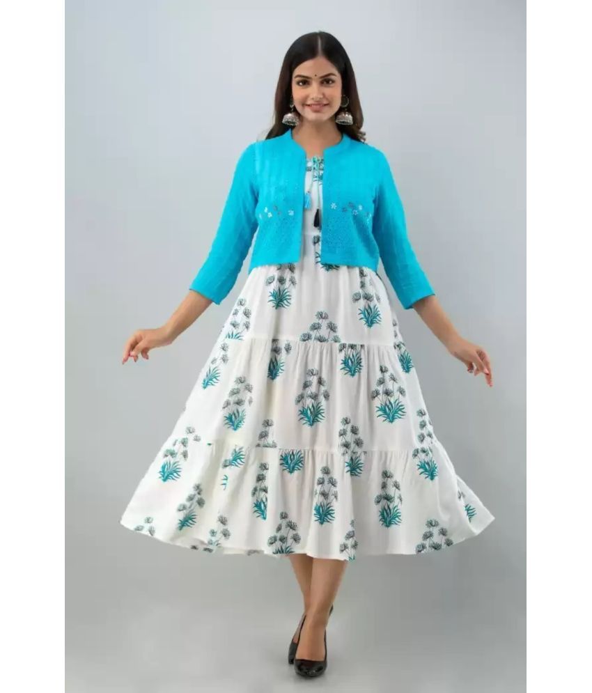     			VEERANSU Pack of 1 Viscose Rayon Printed Jacket Kurta Women's Kurti - ( Light Blue )