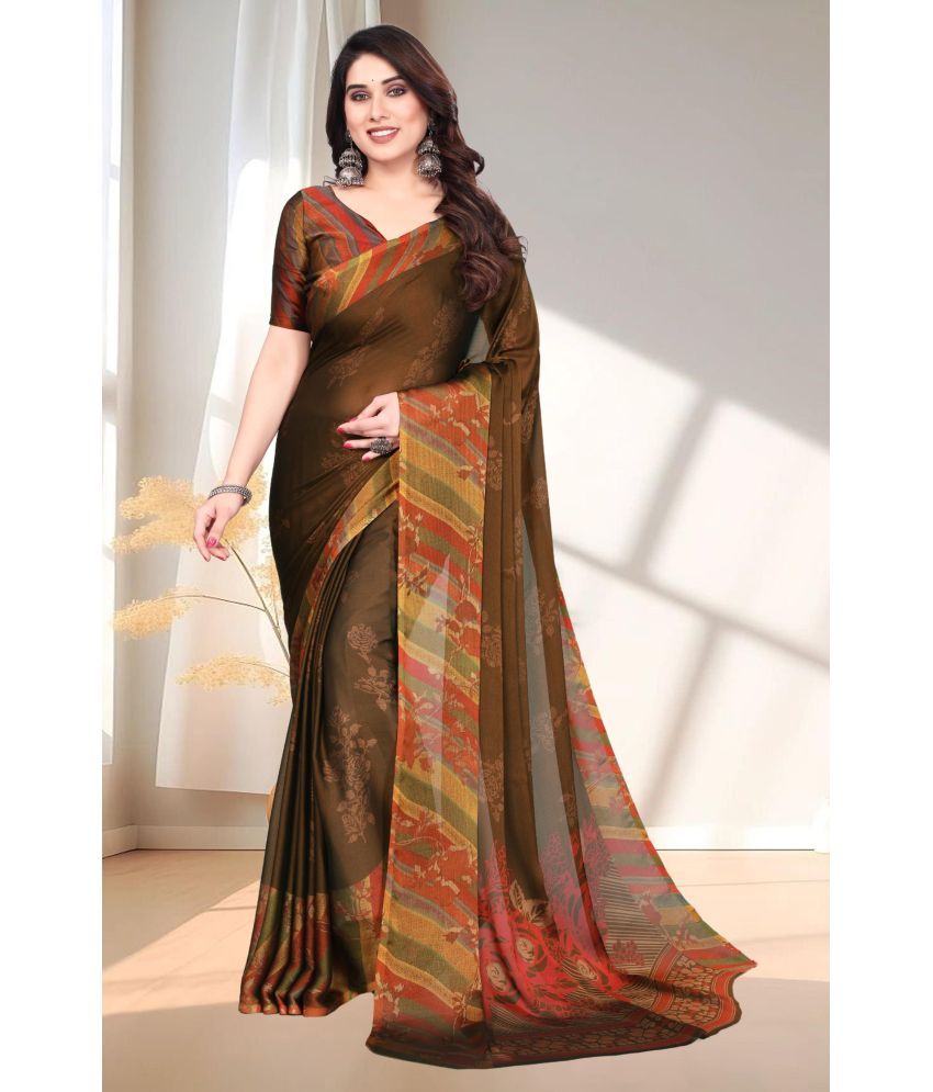     			Magneitta Chiffon Printed Saree With Blouse Piece ( Brown , Pack of 1 )