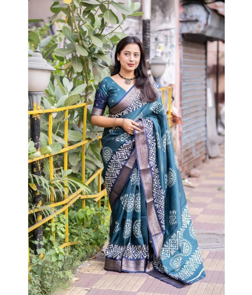     			Magneitta Silk Printed Saree With Blouse Piece ( Light Blue , Pack of 1 )