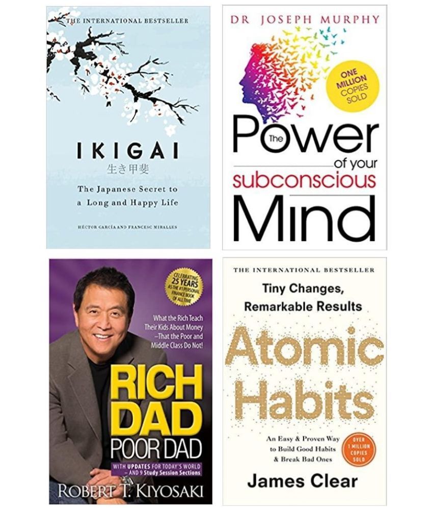     			Set of 4 books :- Rich dad poor dad + Atomic habit + Ikigai + The power subconcious mind ( english paperback )