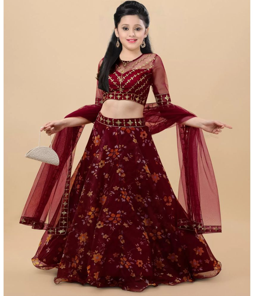     			Supar Sleave Organza Lehenga Choli Set For Girls ( Pack of 1 , Maroon )