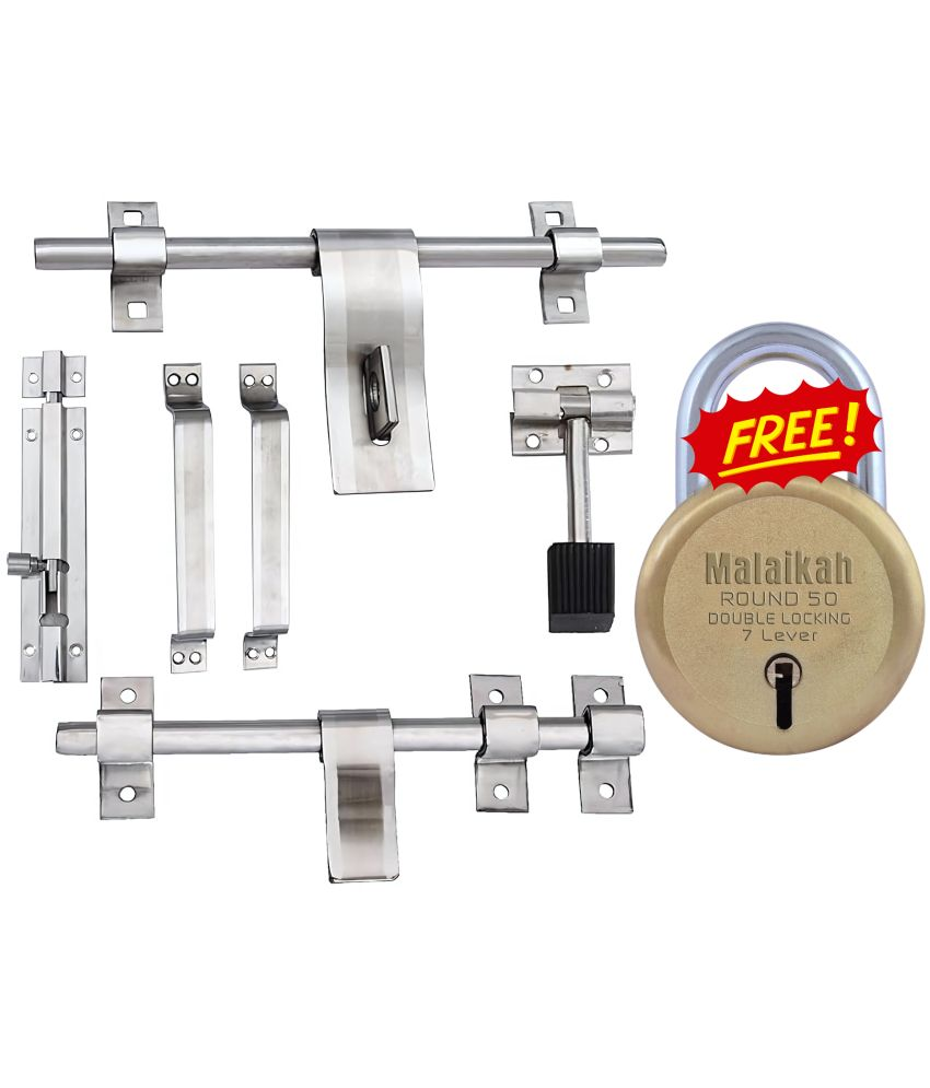     			MALAIKAH Stainless Steel Door Kit With Free Gold 50mm Padlock | 10" Aldrop, Latch, Handle, Stop, Tower Bolt | Complete Door Hardware Kit for Home & Office | Malaikah Door Accessories Set (2 Aldrops + 1 Handle)