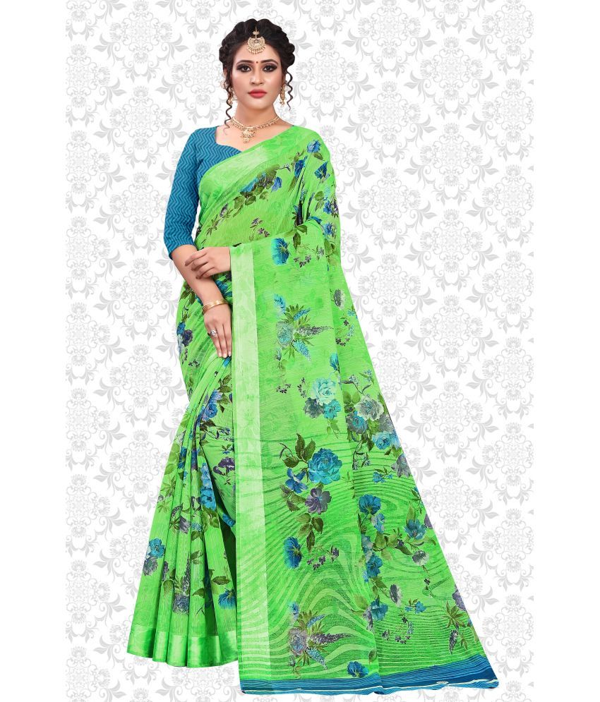     			RUNAYA NX Cotton Blend Printed Saree With Blouse Piece ( Green , Pack of 1 )