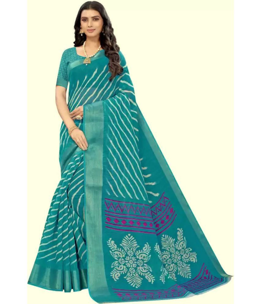     			RUNAYA NX Cotton Blend Printed Saree With Blouse Piece ( Light Blue , Pack of 1 )