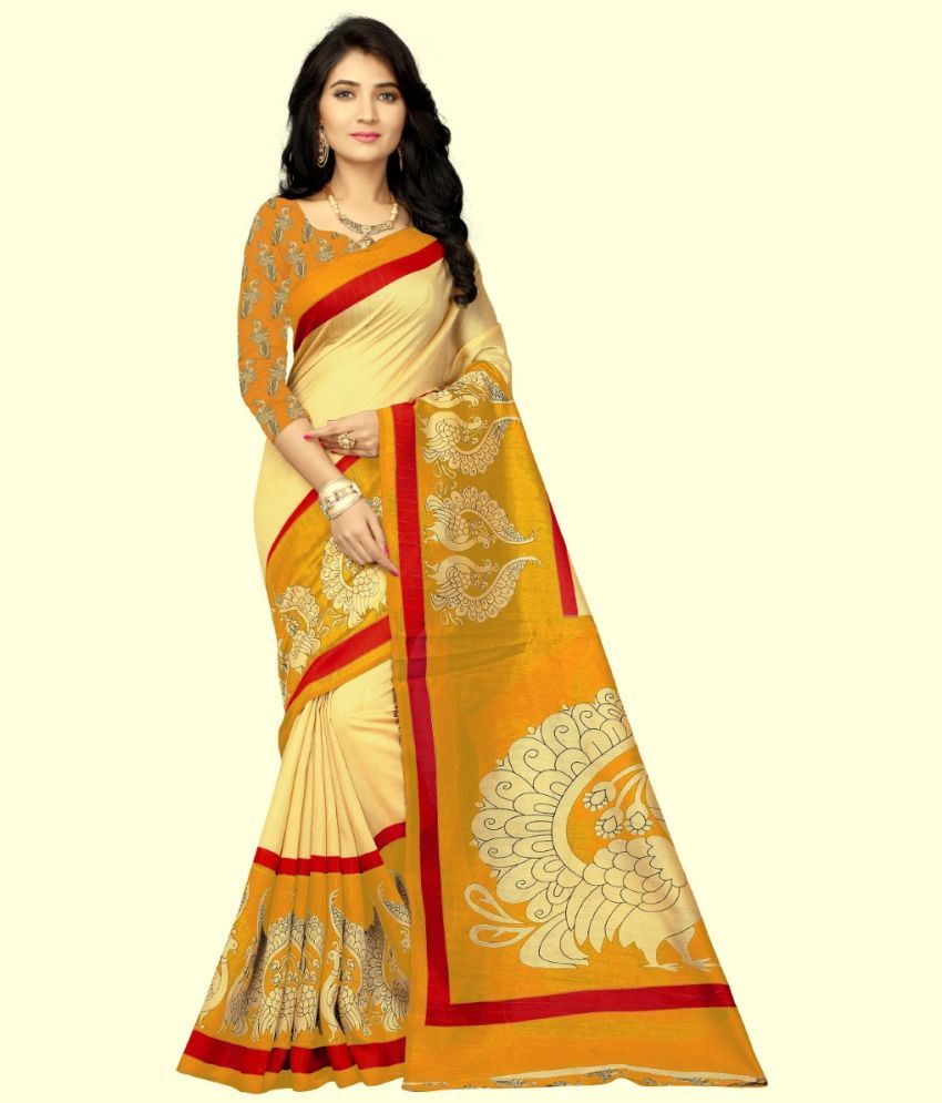     			RUNAYA NX Cotton Blend Printed Saree With Blouse Piece ( Yellow , Pack of 1 )