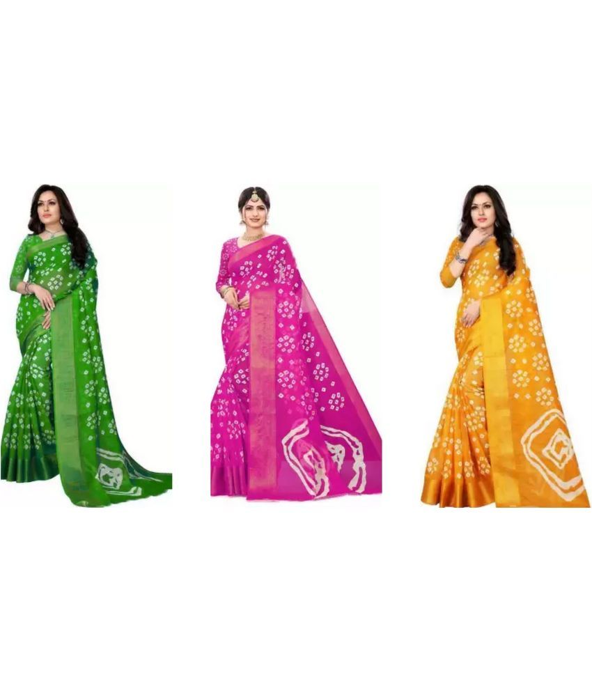     			RUNAYA NX Cotton Silk Printed Saree With Blouse Piece ( Multicolor , Pack of 3 )