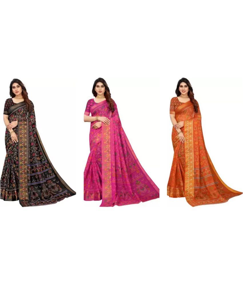     			RUNAYA NX Cotton Silk Printed Saree With Blouse Piece ( Multicolor , Pack of 3 )