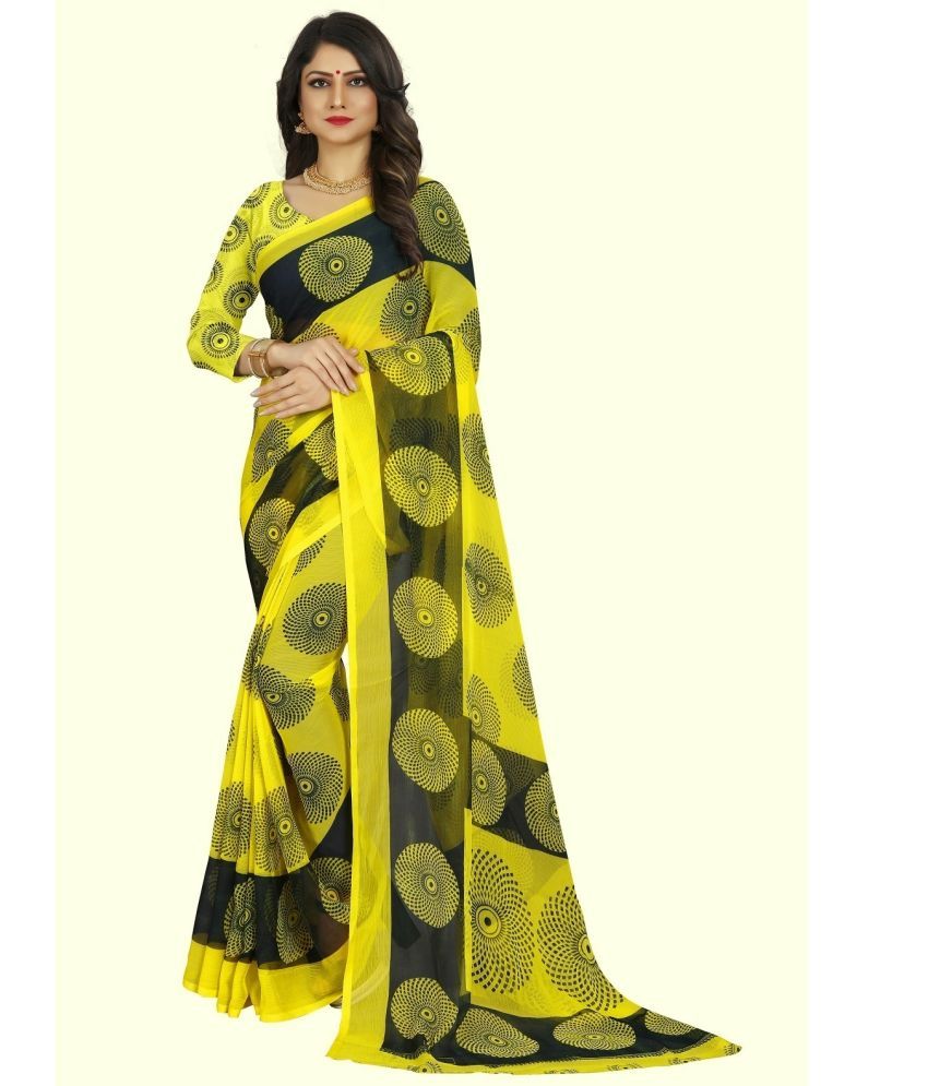     			RUNAYA NX Georgette Printed Saree With Blouse Piece ( Yellow , Pack of 1 )