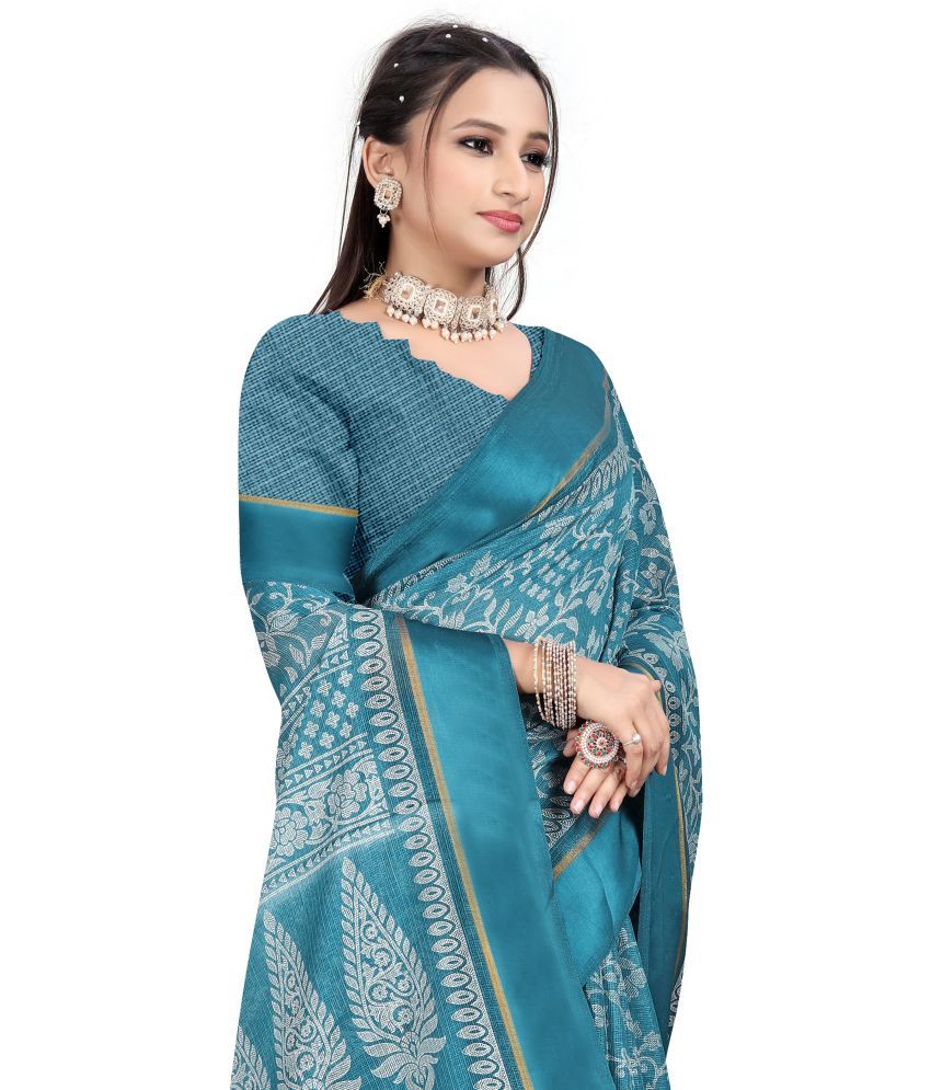     			RUNAYA NX Linen Printed Saree With Blouse Piece ( Blue , Pack of 1 )