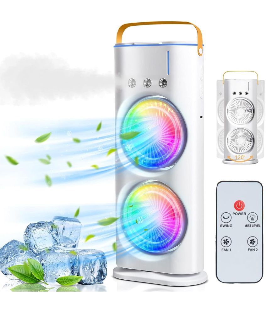     			Double Ended Spray Fan, Cold Air, 2025 New 3 Gears USB Rechargeable Oscillating fan with LED Light Cooler, Touch & Remote Control, 280ml Water Tank, Ice Filling Fan