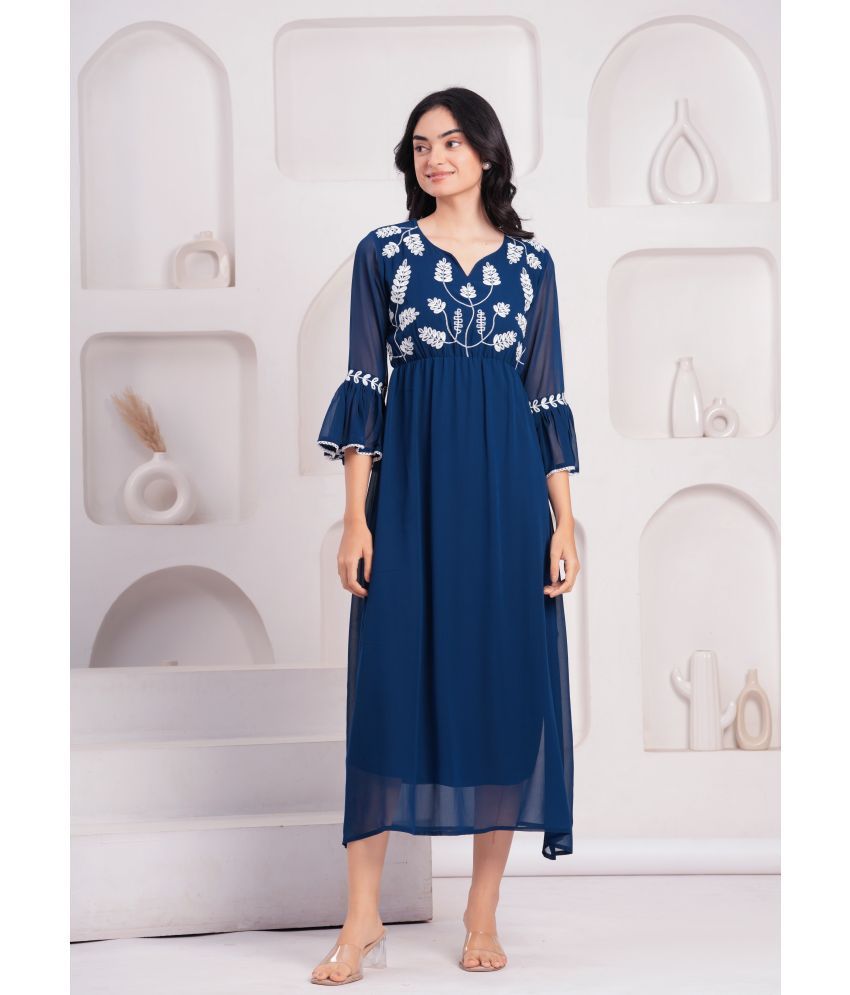     			JAI SHIVAM TRADERS Georgette Embroidered Calf-Length Women's Fit & Flare Dress - Blue ( Pack of 1 )