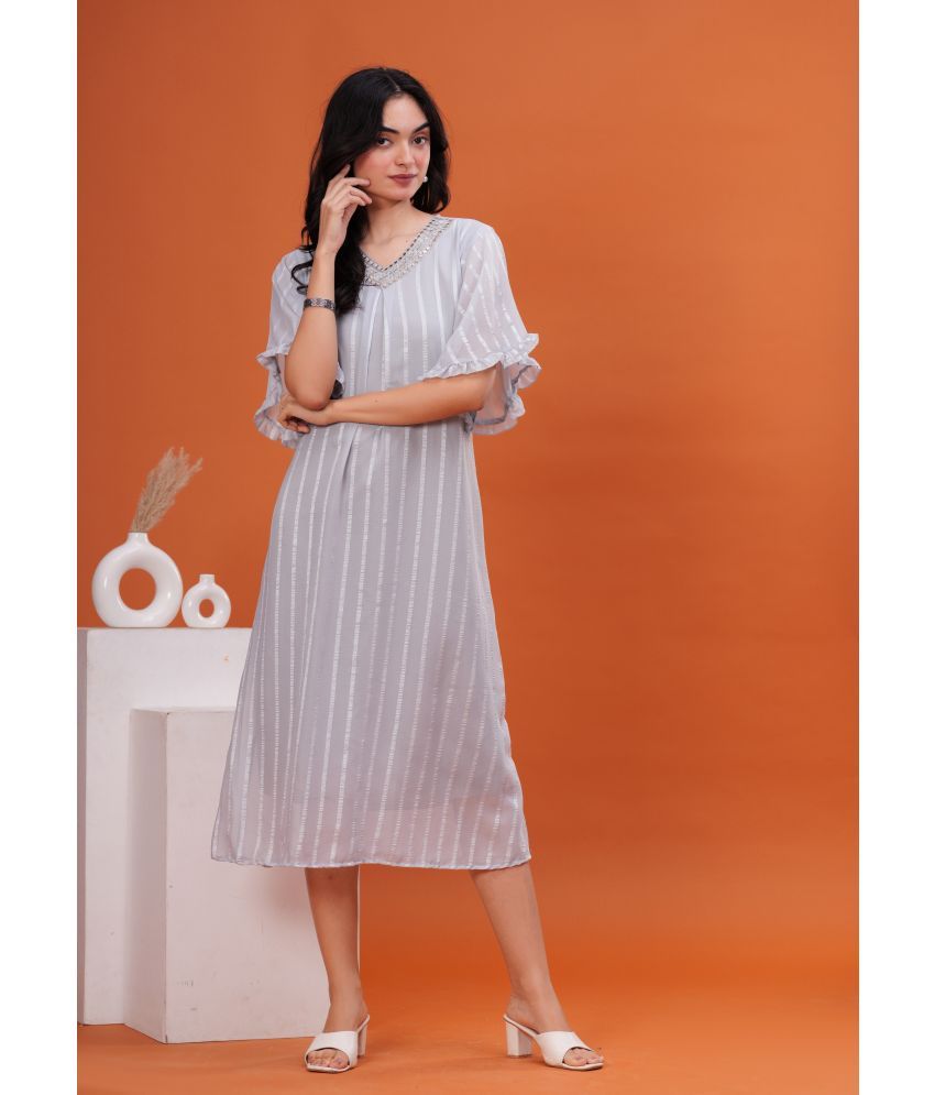     			JAI SHIVAM TRADERS Georgette Striped Calf-Length Women's Fit & Flare Dress - Grey ( Pack of 1 )