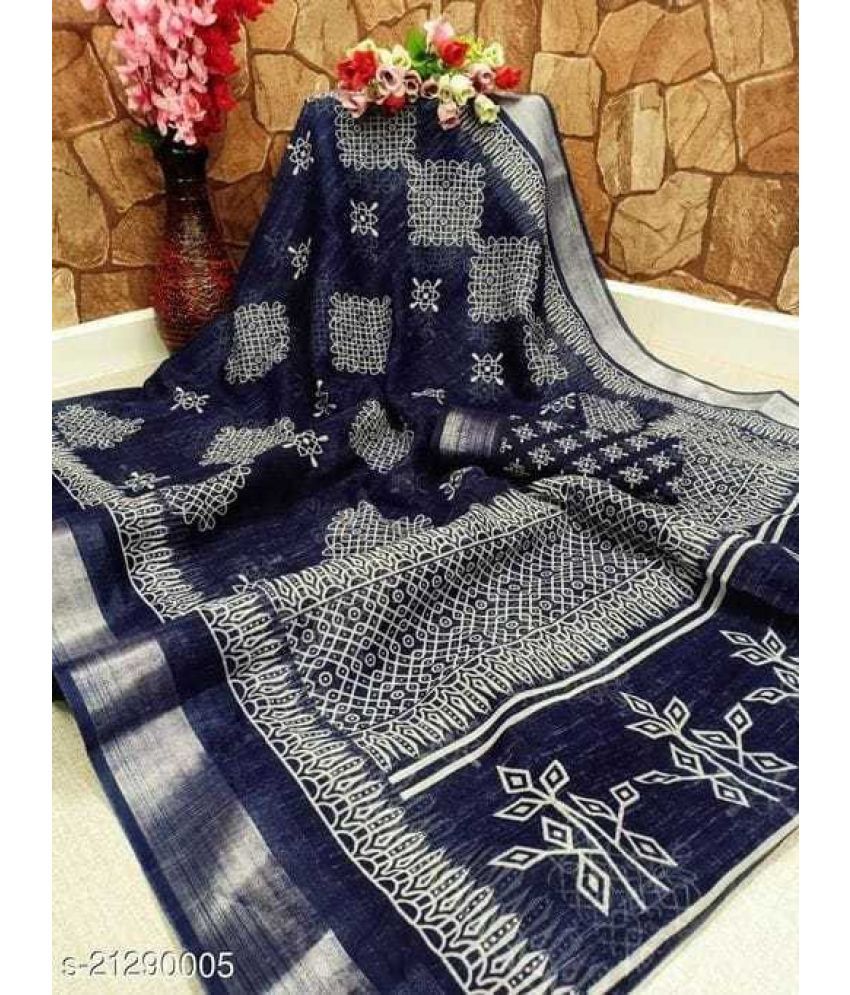     			RUNAYA NX Cotton Blend Printed Saree With Blouse Piece ( Navy Blue , Pack of 1 )