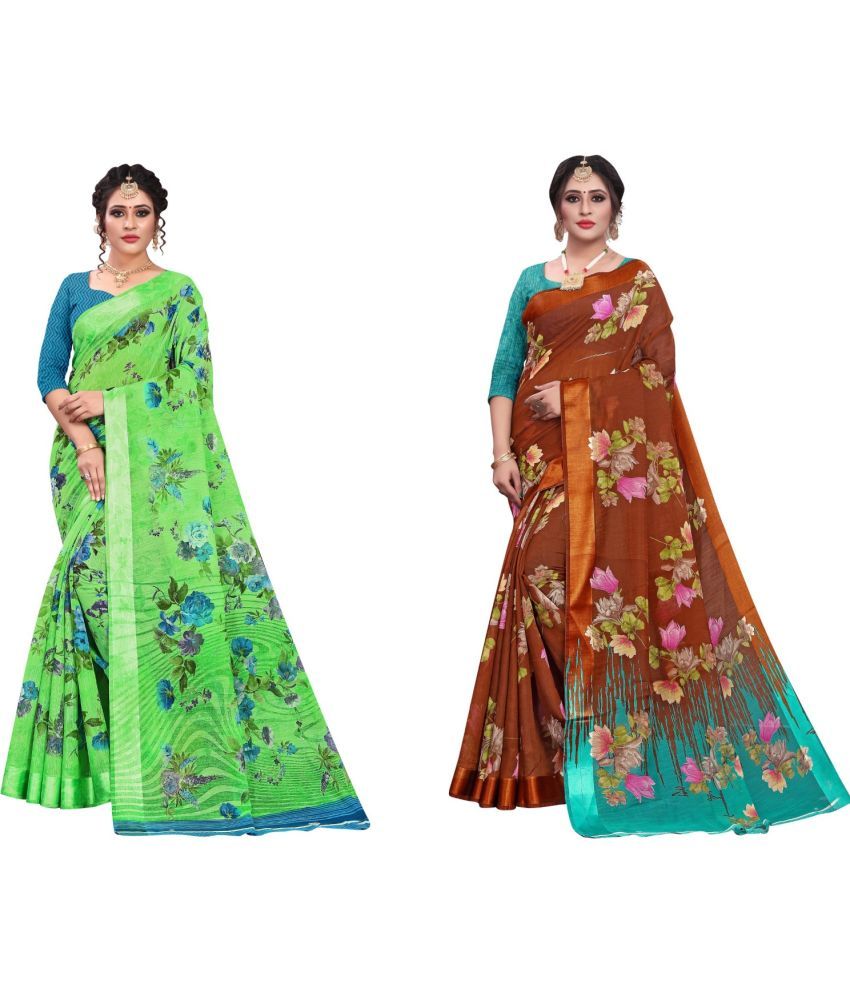     			RUNAYA NX Cotton Printed Saree With Blouse Piece ( Multicolor , Pack of 2 )