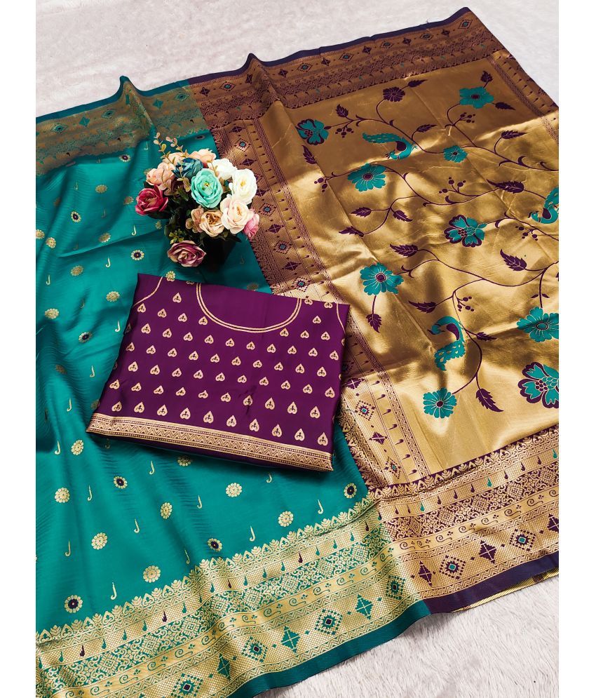     			Sindharat Fashion Banarasi Silk Woven Saree With Blouse Piece ( Teal , Pack of 1 )